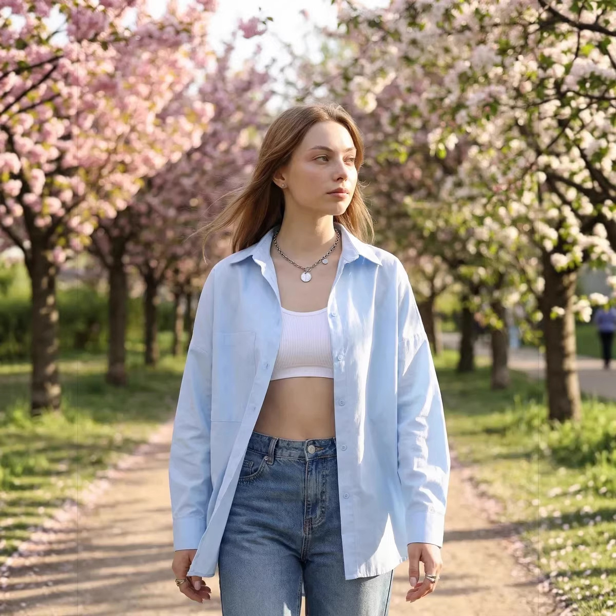 Europa y Estados Unidos comercio exterior transfronterizo ropa de mujer primavera y otoño algodón camisa de manga larga gran tamaño suelta de mujer chaqueta de transporte solar sólida