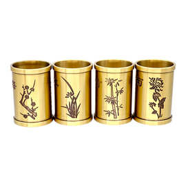 博喜 黄铜桌面摆件笔筒梅兰竹菊金属工艺品创意摆件筒圆底铜摆件