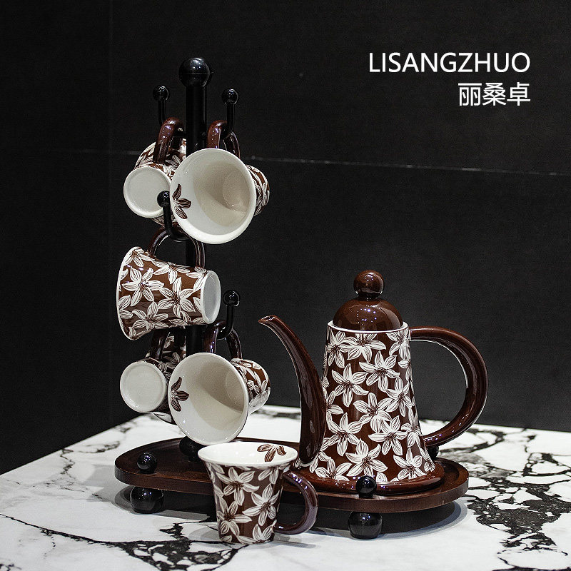 Vintage-style ceramic drinkware set, creative home-use heat-resistant drinking cups, living room guest tea cups, teapot storage set