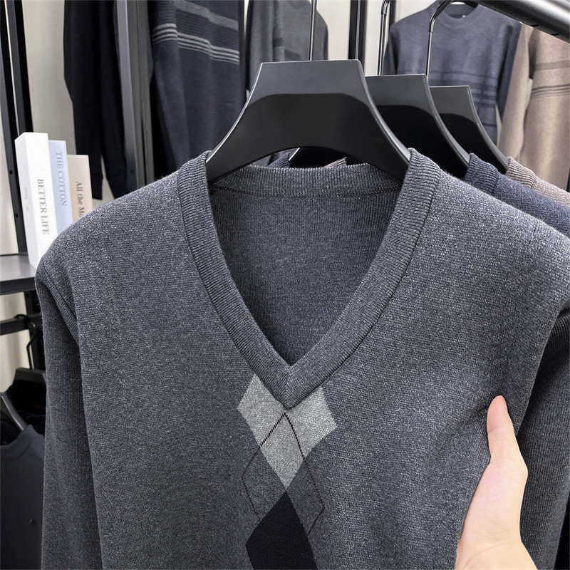 Cross-Border Men's V Neck Knitwear Autumn and Winter Pullover Knitwear Middle-Aged and Elderly Dad Wear Loose Inner Base Top