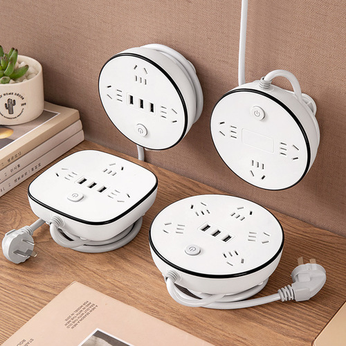 Retractable plug multi-functional USB power strip multi-port home office cordless cord holder one-to-many converter