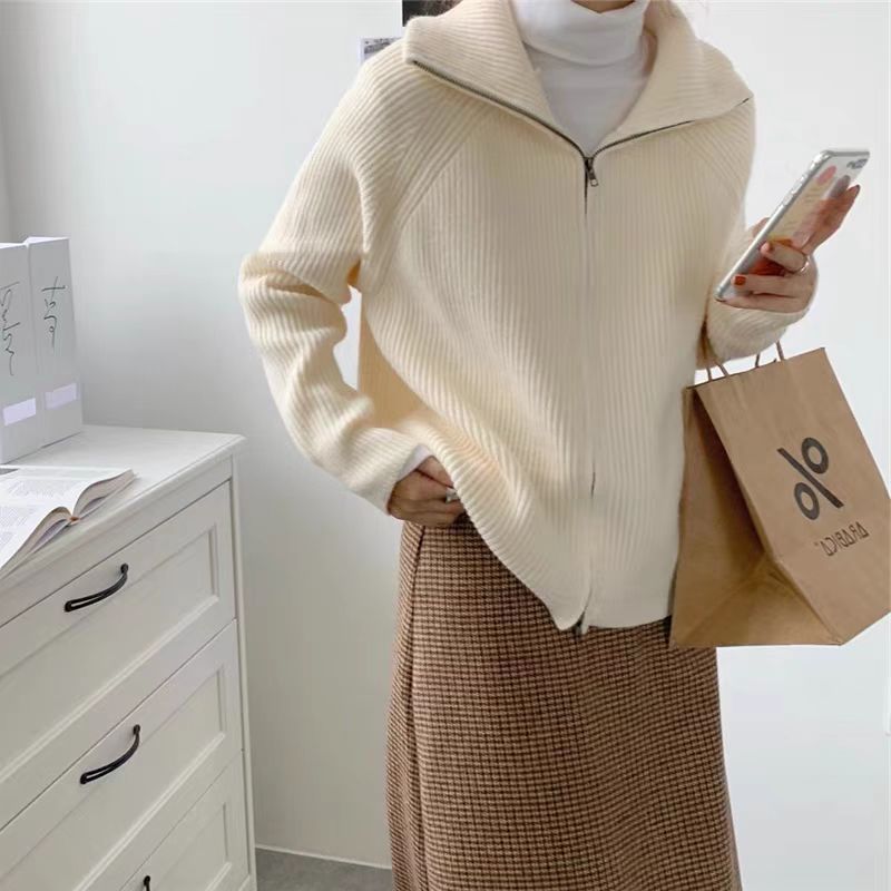 Coreano con solapa de doble cremallera de color sólido cardigan de punto de mujer otoño y invierno nuevo suéter suave pegajoso abrigo suelto image 7