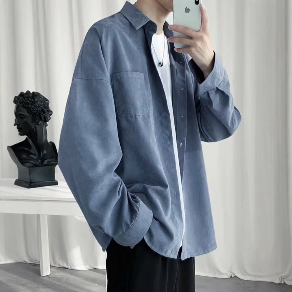 Men's Hong Kong Style Spring Loose Solid Color Shirt, Korean Version, Simple Classic Versatile Long-Sleeve Shirt Jacket, Stylish