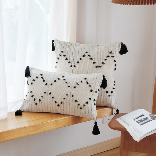 Single-sided cotton thread-cut four-corner tassel pillowcase without pillow core, home sofa lumbar support, office lumbar pillow cushion cover