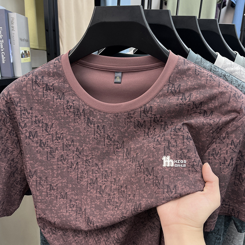 Summer New Style Full-Body Printed Round-Neck Short-Sleeved T-Shirt for Men, Middle-Aged Casual Fashion Dad Wear, Breathable Elastic T-Shirt