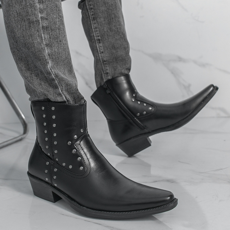 2025 Spring and Autumn New England Style Men's High-Top Leather Shoes Pointed Toe Slip-On Studded Chelsea Fashion Boots Hairstylist Trendy Shoes