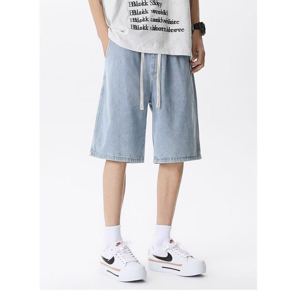 Summer New Hong Kong Style Denim Shorts Men's Trendy Brand Ins High Street Youth Loose Straight Casual Five-Point Pants Men