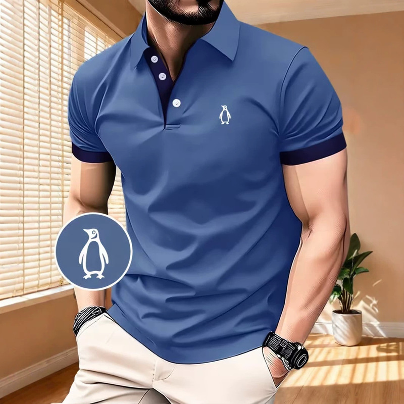 Men's Popular Elegant and Fashionable Printed Short-Sleeved Polo Shirt, with a Cute and Simple Penguin Print on the Chest