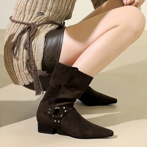 9625-2 Retro Western style Boots Fashion Short Boots Square Head Belt Buckle Middle Heel Thick Heel Suede Single Boots M