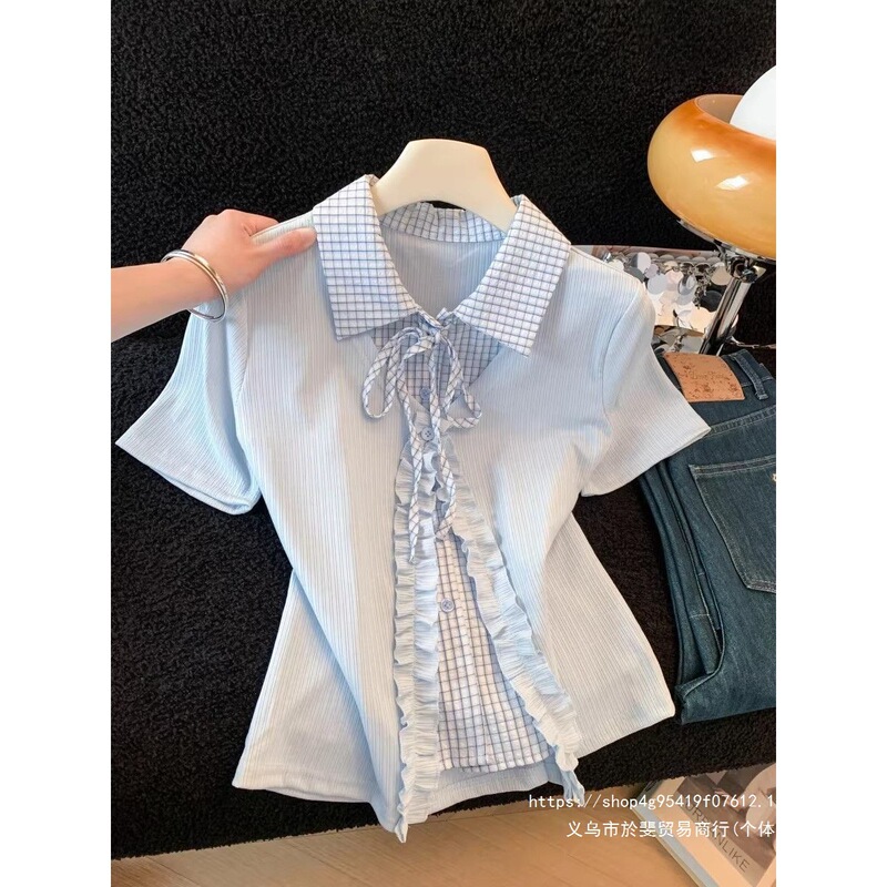 Fake two-piece tie-dye plaid collared short-sleeve top for pregnant women, new summer design, niche, slimming, trendy top