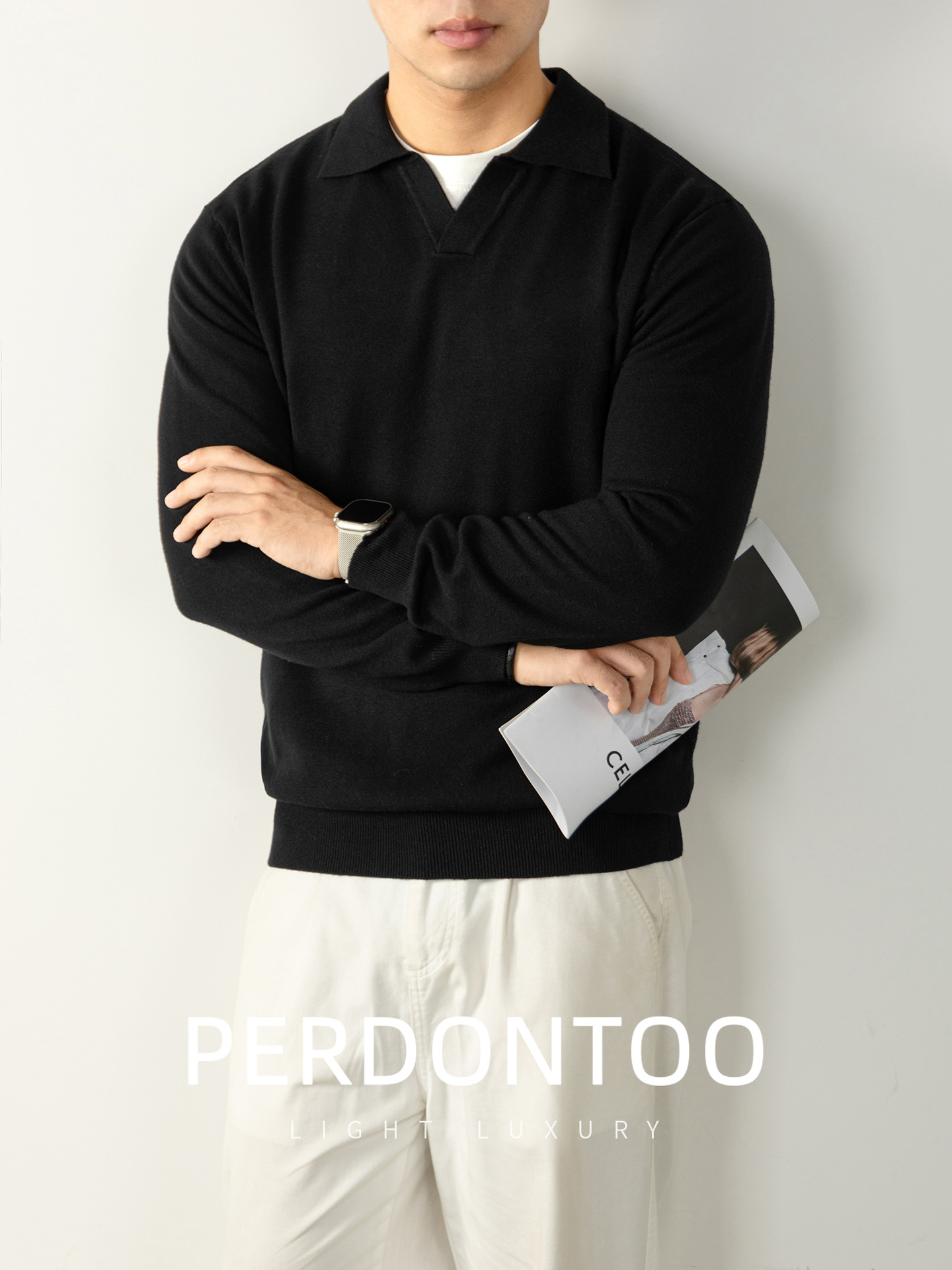 Luxury Minimalist Seagull Collar Wool Modal Knit Sweater For Men, Autumn And Winter, Relaxed Feel, Warm, Solid Color Polo Sweater_voghion.com