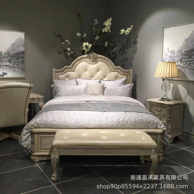 American country solid wood bed double bed 1.8 m French Princess retro white distressed European style carved bed