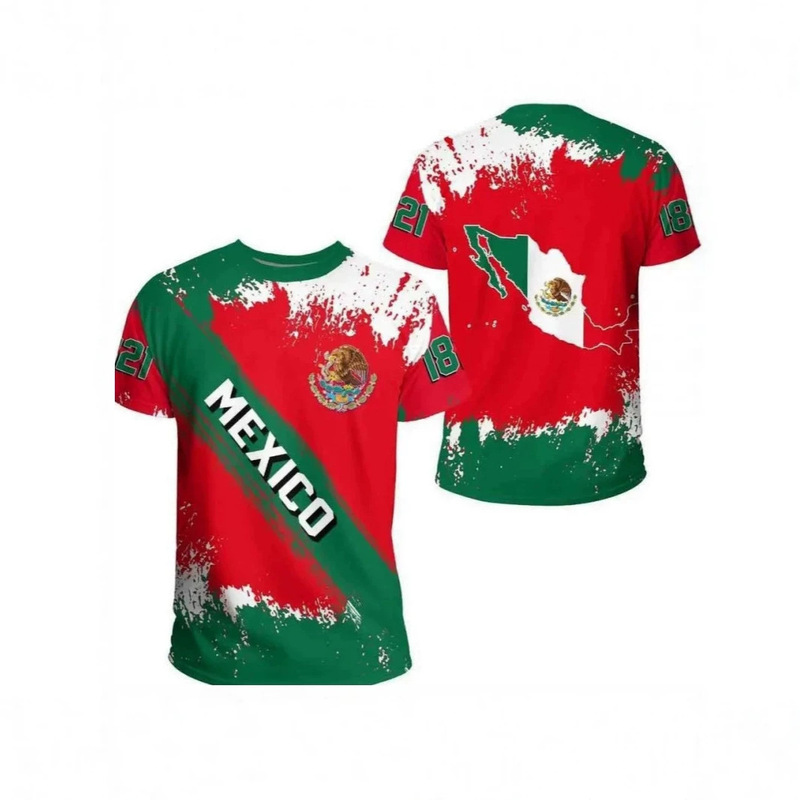 Cross-Border Mexican Flag and National Emblem 3D Digital Print T-Shirt with Splash Ink Style, Casual Round Neck Short-Sleeve Top Wholesale