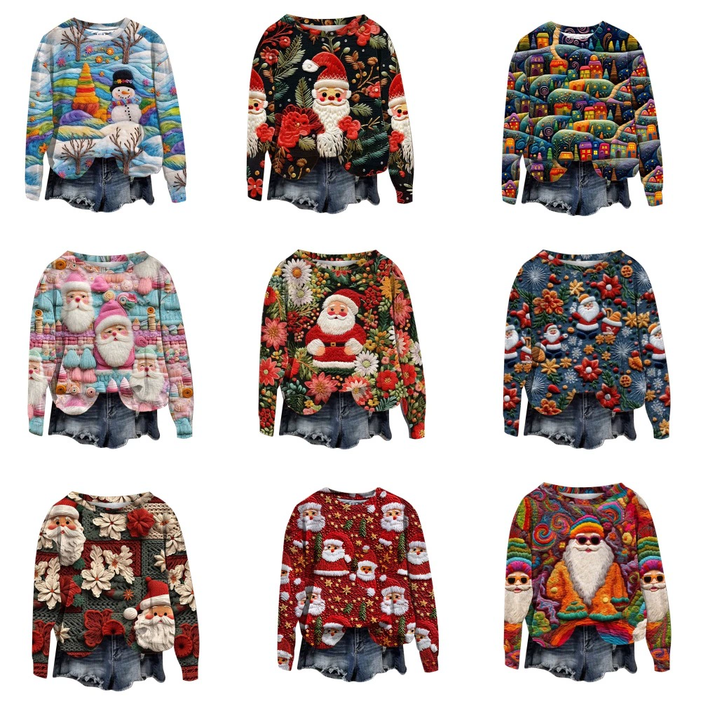 2023 трансграничный Новый рождественский тренд с круглым вырезом, свитер с 3D цифровой печатью, женский свободный свитер Санта-Клауса