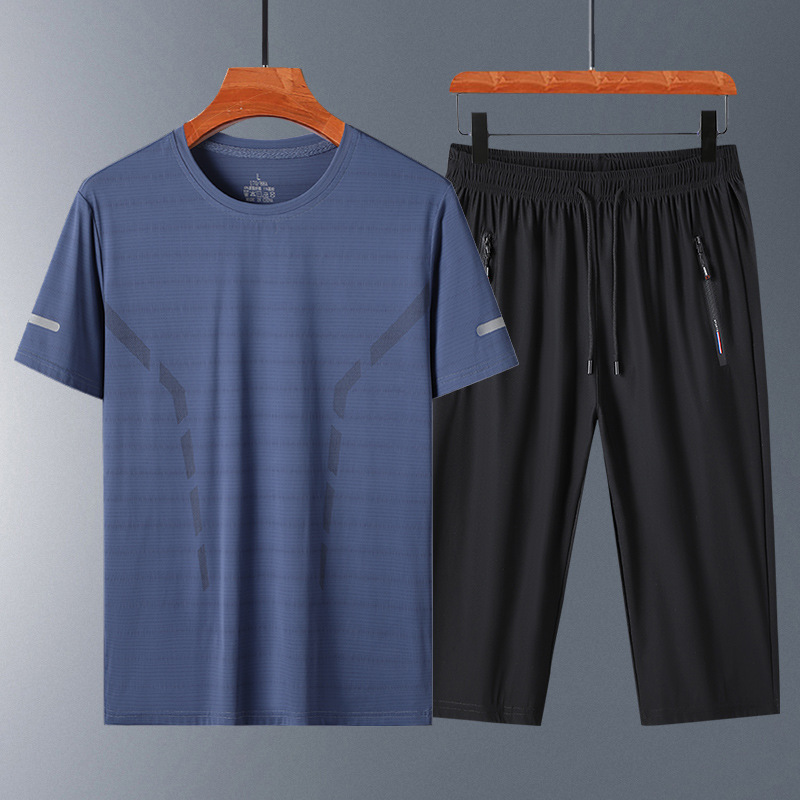 Papa de verano traje deportivo casual hombre de verano delgado rápido secado de manga corta hombre pantalones sueltos de dos piezas