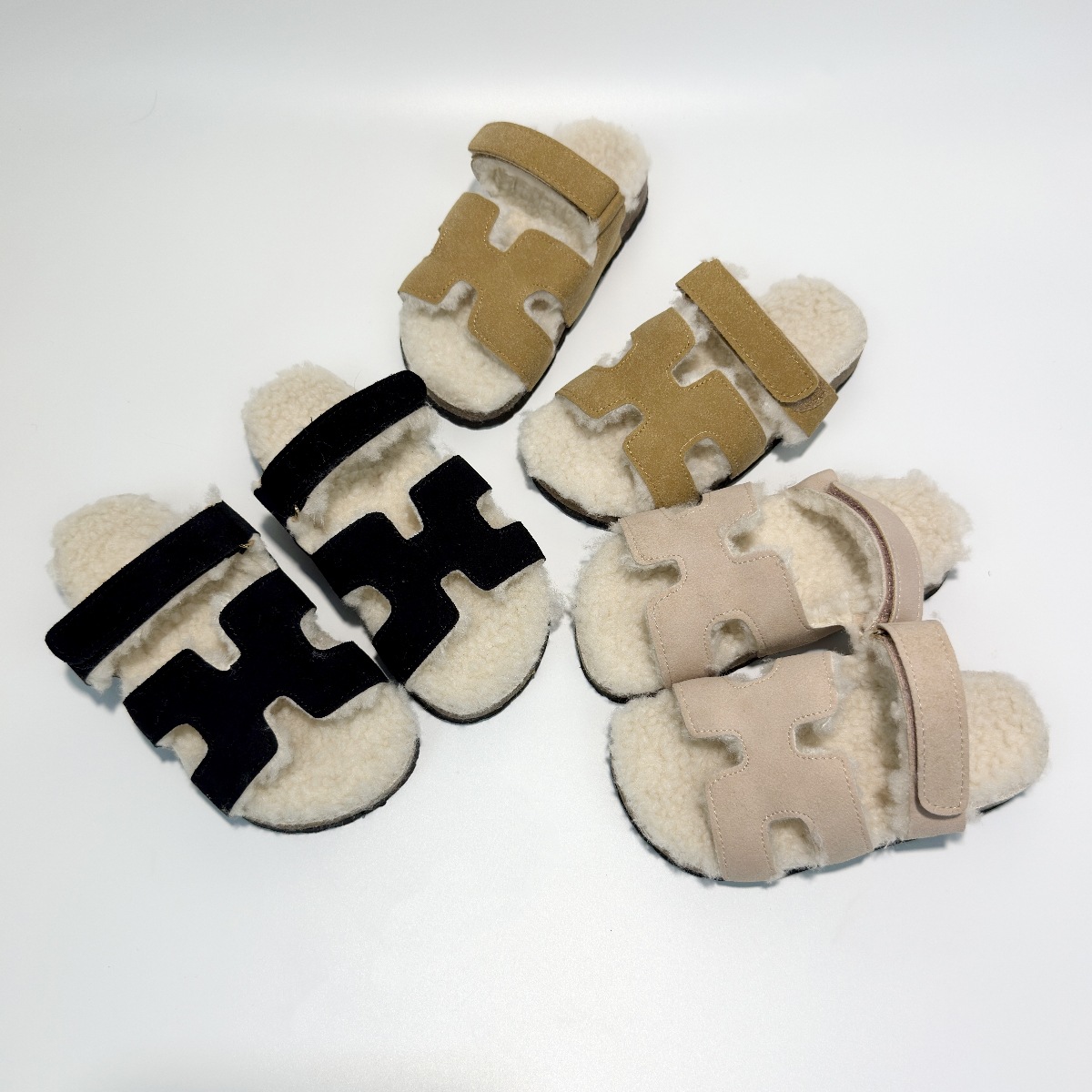 Autumn and Winter New Girls' Cotton Shoes Birkenstock Cork Furry Flip-Flops Warm Velcro Fleece-Lined Warm Kidsren's Cotton Shoes