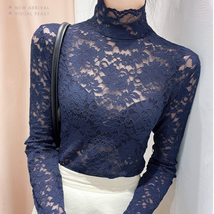 Kim Han Lace Base Shirt Women's Spring Autumn and Winter New Stylike Inner Shirt All-match Long Sleeve Mesh Hollow Top Ins