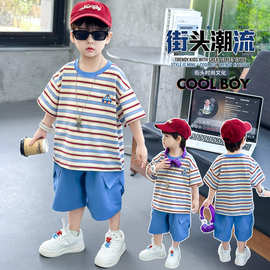 男童夏季条纹短袖套装2026新款儿童韩系工装裤两件套夏天宝宝衣服