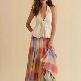 跨境新款亚马逊外贸Midi Skirt Elastic Waist 森系穿搭褶皱中长