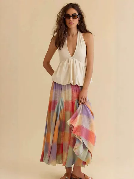 2025 Amazon European and American New Style Mori Style Summer Elastic Waist Pleated Mid-Length Colorful Plaid Skirt