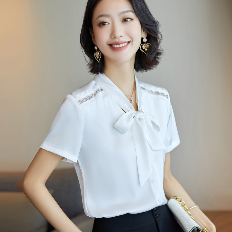 2022 summer new versatile fashionable elegant OL top floating collar lace stitching casual Hong Kong style chiffon shirt 2022 summer new versatile fashionable elegant OL top floating collar lace stitching casual Hong Kong style chiffon shirt