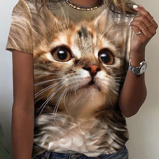 Women's Funny T-Shirt Cat Print Short Sleeve Casual Daily Basic Round Neck Plus Size T-Shirt Source 3D Factory Summer
