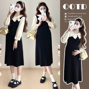 Real Shot ~ Autumn and Winter New Simple Korean Super Slim Doll Collar Bow Fake Two-piece Knitted dress