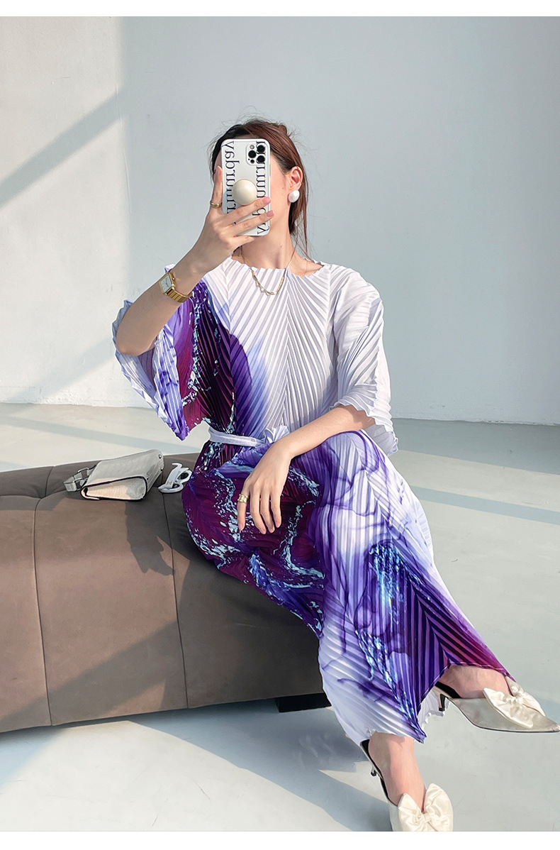 Váy maxi xếp ly in họa tiết cao cấp, chít eo thon gọn, phong cách thanh lịch — Màu xanh lam chi tiết 11