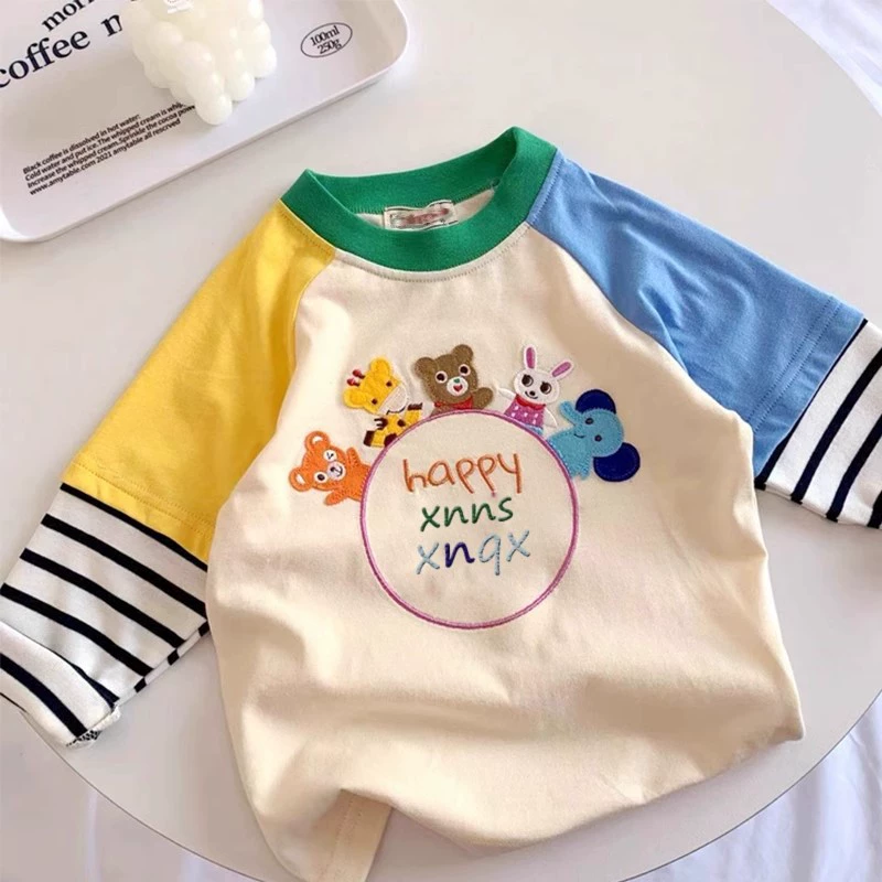 Поддельные два топа для мальчиков и девочек, сшитые детские мультипликационные футболки с длинными рукавами