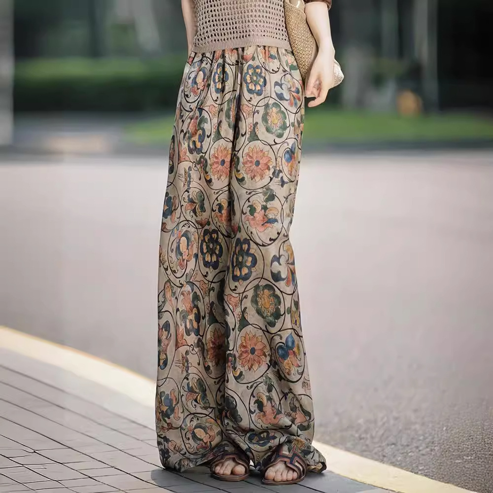 Quần ống rộng lụa băng in hoa cạp cao dáng suông mùa hè — Màu hoa