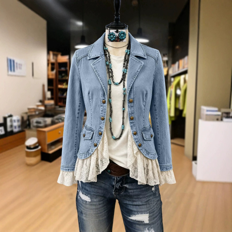 Exclusive cross-border supply: Lace-trimmed hem short jacket with a turn-down collar and double-breasted buttons, suitable for spring and autumn, Y2K hot girl style