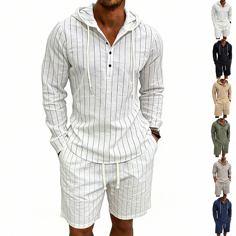 Men's Linen Long Sleeve Hooded Henley Shirt With Shorts Set, Jacquard Vertical Stripe Pattern, Relaxed Fit For Summer Commute And Casual Wear_viptrois.com