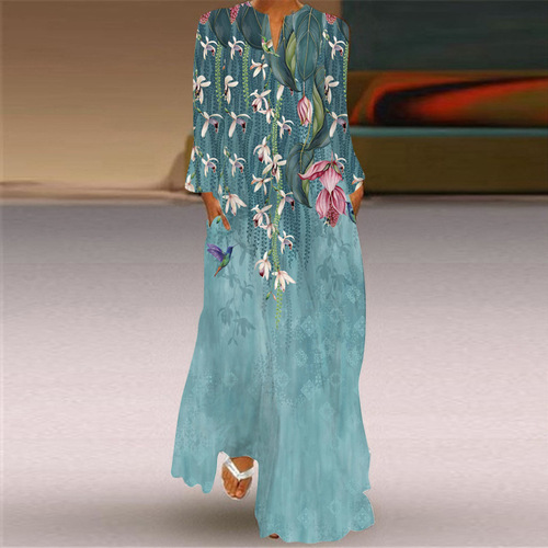2026 New Women's Long Dress for Spring and Summer Cross-border Sales from Europe and America, V-neck, Long-sleeved, Pockets, Printed, Loose Fit Dress