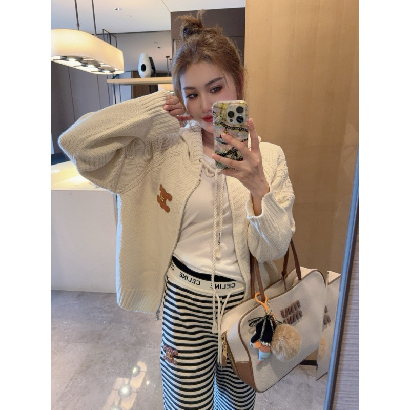 ce 针织外套皮标连帽开衫毛衣女25秋冬新品麻花慵懒针织连帽外套|undefined