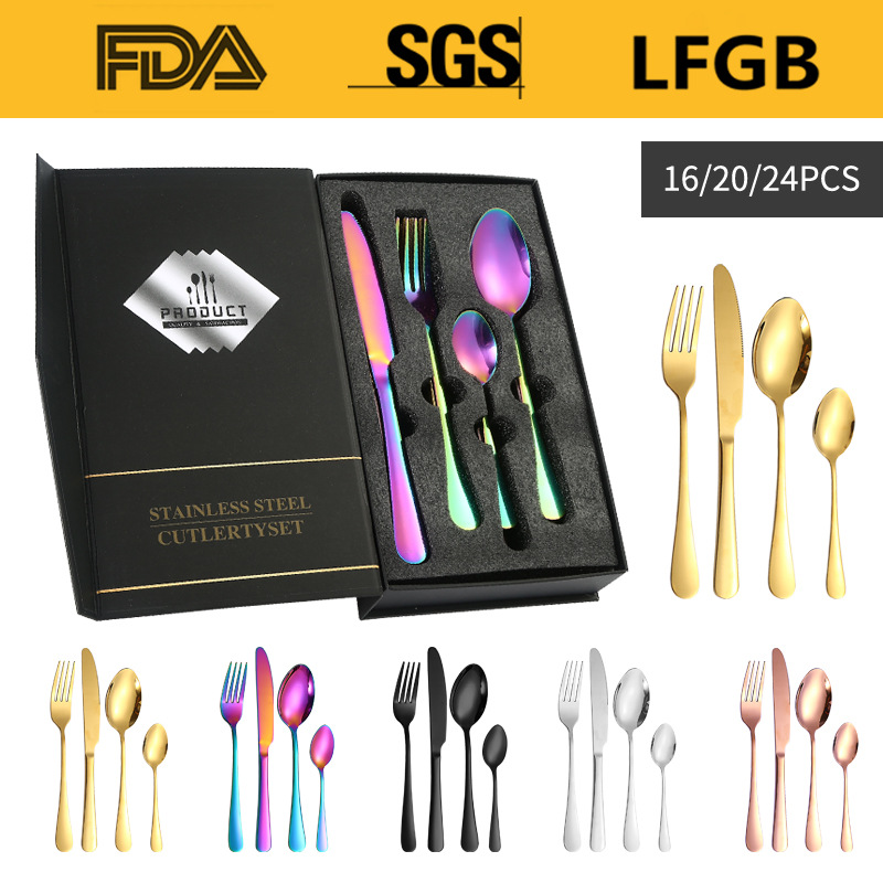 Amazon vajilla de acero inoxidable 16/20/24 paquete 1010 cuatro piezas principales algodón perla caja regalo cuchillo, tenedor y cuchara traje