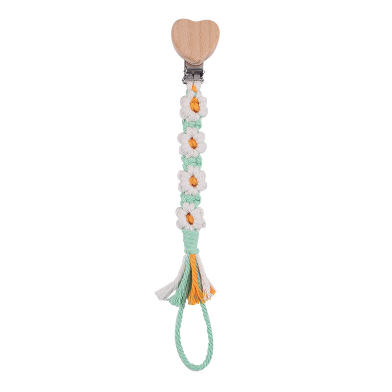 Productos para bebés, clips de chupete de haya de amor de dibujos animados, cadena de chupete de cuerda de algodón de margarita tejida a mano creativa