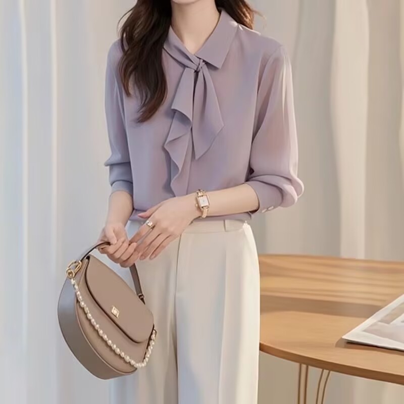 春季新款冷淡系高级感超好看韩系chic紫色衬衫裤子两件职业女套装