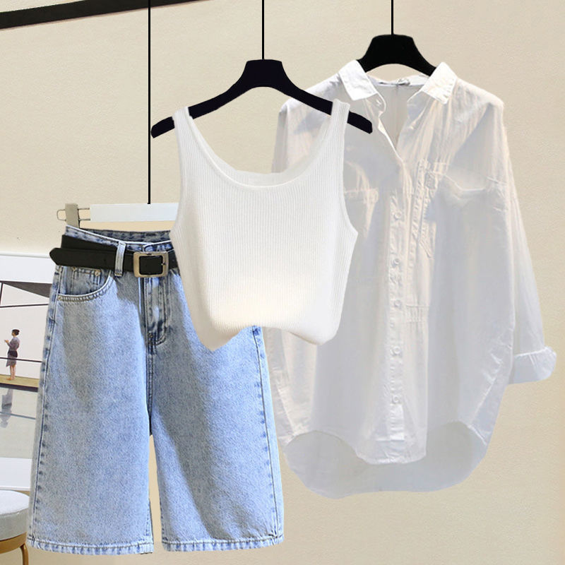 Plus Size Women's Summer Suit Women's 2024 New Style Shirt Covers Belly and Looks Slimming Look Versatile Denim Shorts Three-Piece Set