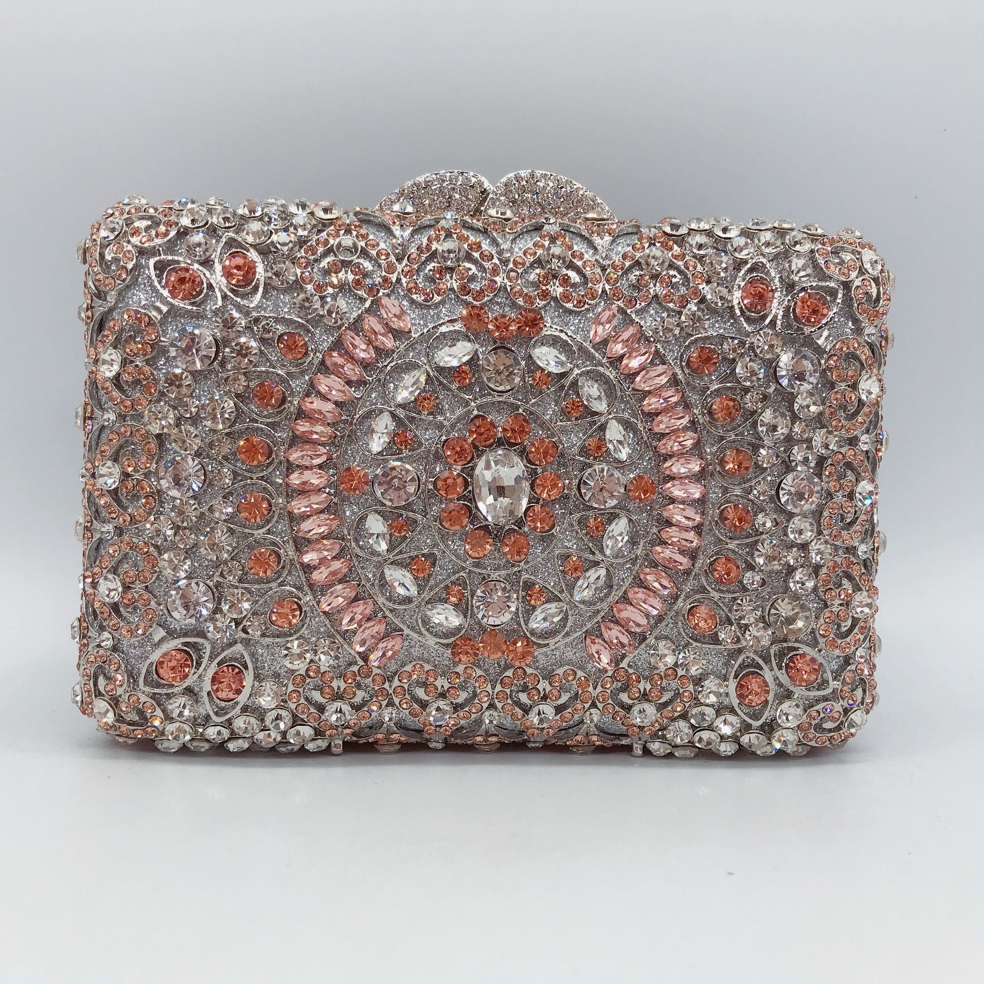 Túi clutch nữ đính đá dạ hội hộp vuông kim loại rỗng phong cách châu Âu — Màu bạc xanh lam, Màu vàng lam, Màu Sâm panh, Màu bạc chi tiết 6