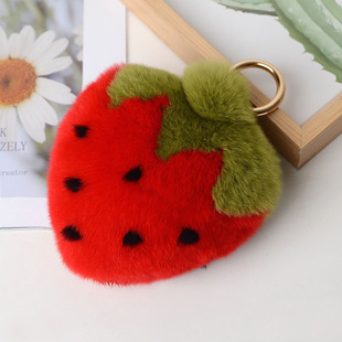 ins Cute Rex Rabbit Fur Plush Small Strawberry Fur Pendant Strawberry Keychain Bag Pendant Car Pendant