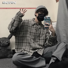 早秋新款小方格子衬衫男长袖韩版潮流慵懒风宽松衬衣日系风格穿搭