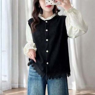 Spring New Style 200 Fat Girl Korean Style Contrasting Color Lace Splicing Shirt Large Size Small Fragrance Top 6117