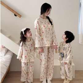 2025新款亲子睡衣男女童家居九分款a类纯棉双层棉纱花边春秋套装