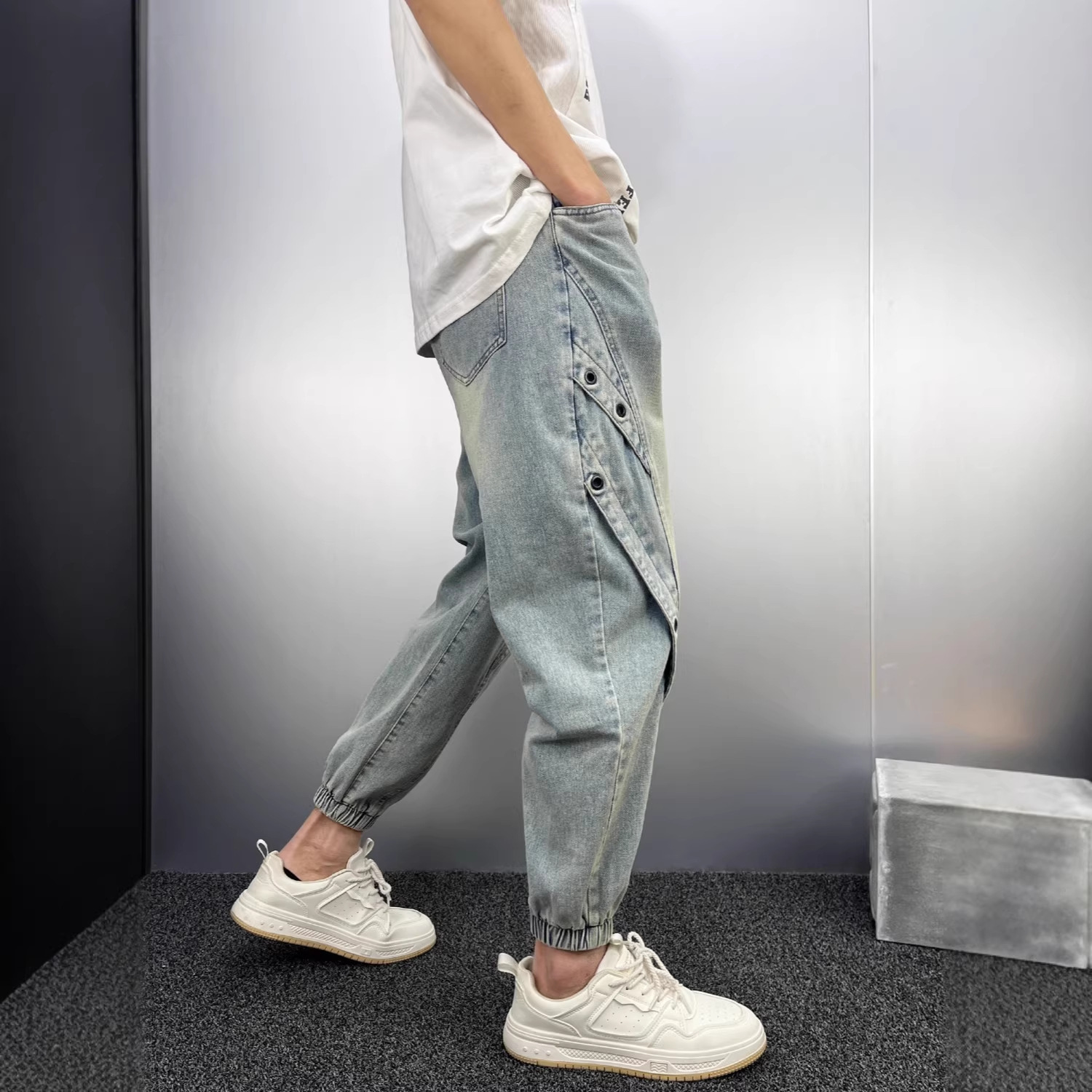 Men's Light Blue Distressed Denim Jeans - Trendy Patchwork Slim Fit Jogger Pants With Adjustable Cuffs, Loose Hip Hop Style_voghion.com