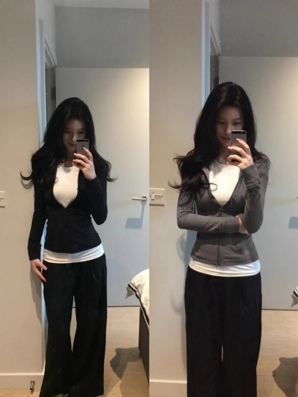 黑色修身假两件长袖上衣女2025新款巨好看正肩设计感绝美漂亮薄款|undefined