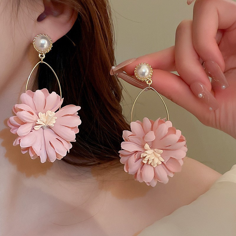 Aguja de plata flor rosa borla estilo vacaciones pendientes verano dulces y exquisitos pendientes pequeños pendientes de diseño fresco mujeres