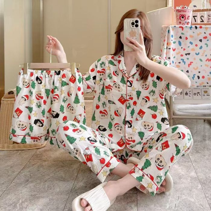 Venta al por mayor transfronteriza 120g pijamas de algodón de nube de verano de manga corta para mujer pantalones cortos de algodón de nube de verano de tres piezas servicio a domicilio de dibujos animados