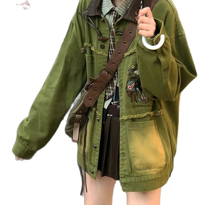 2025出街vintage”童趣刺绣磨毛牛仔外套春秋款ins绿色复古牛仔服|undefined