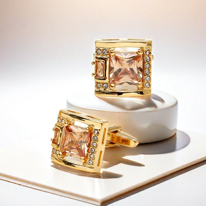 Men's Cufflinks Cross-border Light Luxury Inlaid Orange Zircon Rhinestone Square Gold Copper Shirt XK23039