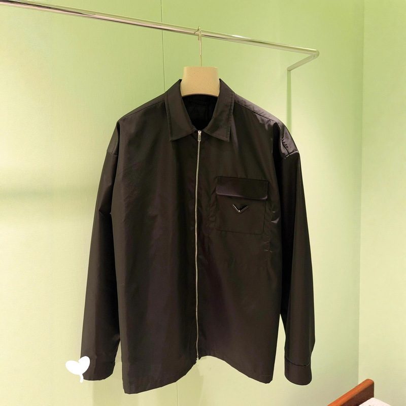 Correct Version in Stock High-Quality Original P Brand 25Ss Solid Color Logo Zipper Lapel Long-Sleeve Jacket Coat